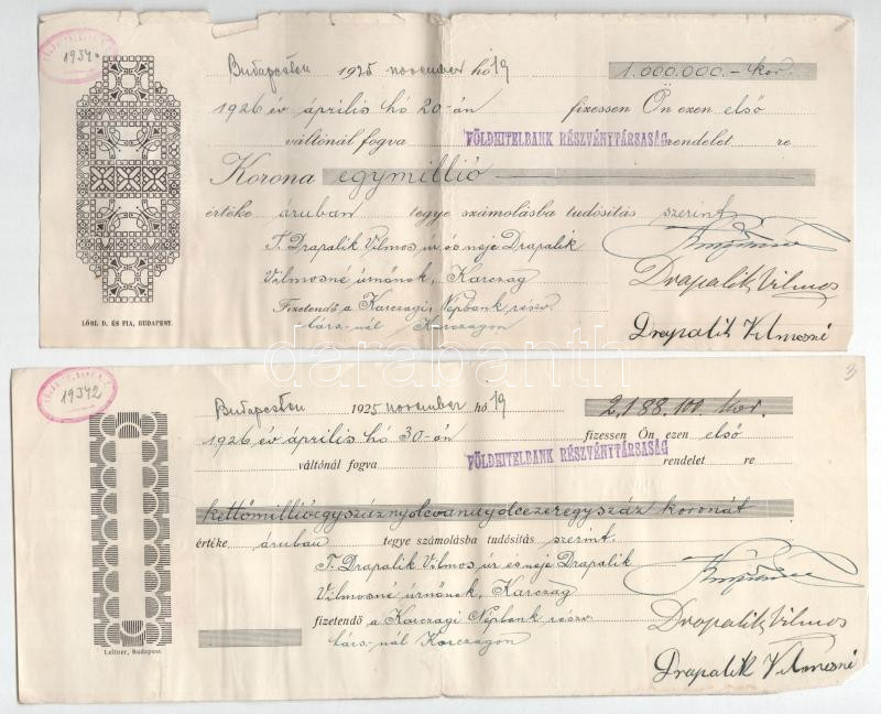 Budapest 1925-1926. 9 darab 'Földhitelbank Részvénytársaság' kitöltött váltó T:II,II- szakadások - Image 3