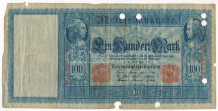Német Birodalom 1910. 100M lyukasztással érvénytelenítve T:III,III- German Empire 1910. 100 Mark cancelled by holes C:F,VG Krause P#42
