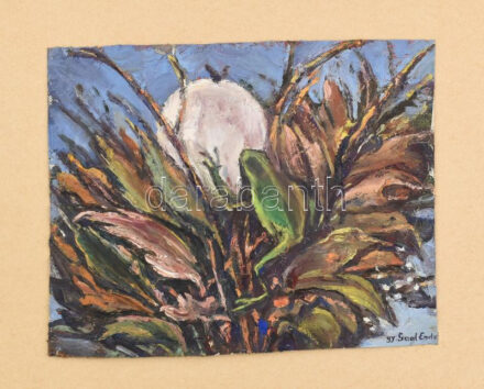 Gyulai Gaál Endre (1904-1991): Levelibéka. Olaj, vászon-karton, jelzett, 20x25 cm Hátoldalán a festő autográf verses sorai: 'Festettem ezt a képet halk, borongó Kedvvel tűnődve egy mély rébuszon : Hogy van e élet, vagy ahhoz