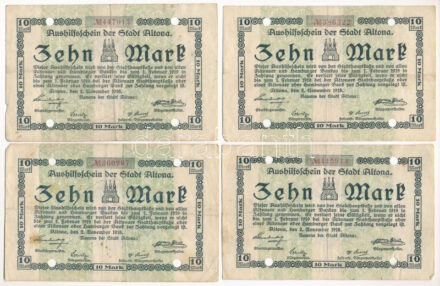 Német Birodalom / Altona 1918. 10M (4x) szükségpénz, lyukasztással érvénytelenítve T:III German Empire / Altona 1918. 10 Mark (4x) necessity note / notgeld, cancelled by holes C:F