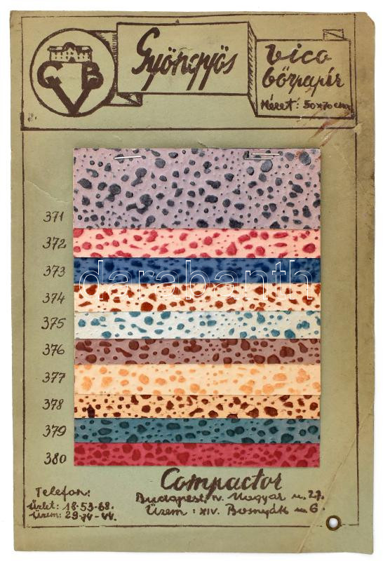 cca 1930-1940 Gyöngyös, Vico bőrpapír reklám termékmintákkal, 24x16 cm