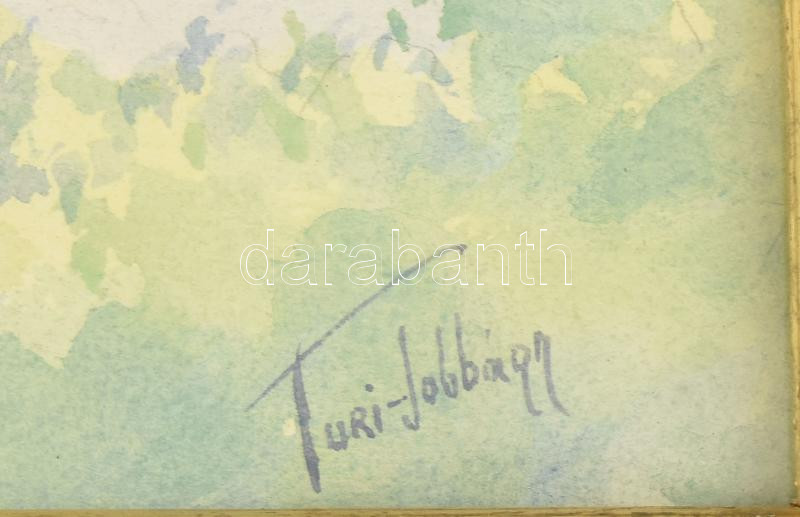 Turi-Jobbágy Miklós (1882-?): Budapesti panoráma a régi Erzsébet-híddal. Akvarell, papír, jelzett, üvegezett fakeretben, 20,5×25 cm - Image 2