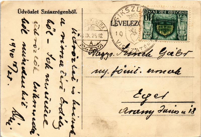 1940 Szászrégen, Reghin; Fő tér, piac / Hauptplatz / main square, market + '1940 Csíkszereda visszatért' So. Stpl (EK) - Image 2