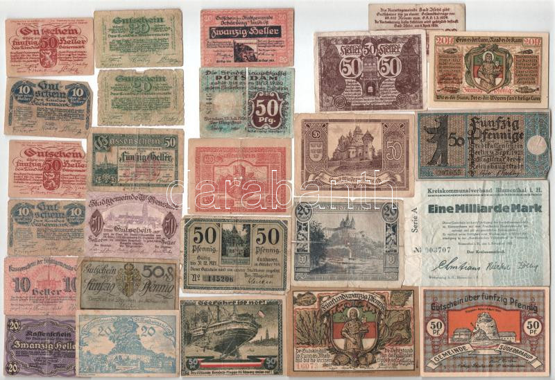 Németország, Ausztria ~1920. 26db-os papír szükségpénz-tétel, közte: Bécs, Potsdam, Bécsújhely, Bad Ischl, Hinterbrühl, Drezda, Helgoland, Süderbrarup, Berlin, Hamburg T:III-IV Germany, Austria ~1920. 26pcs necessity money / notgeld