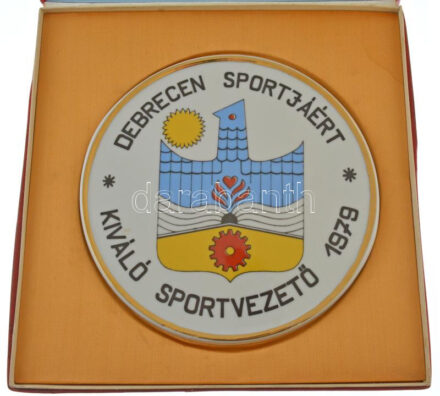 1979. 'Debrecen sportjáért - kiváló sportvezető 1979' nagyméretű Hollóházi porcelán emlékérem sérült tokjában (170mm) T:1-