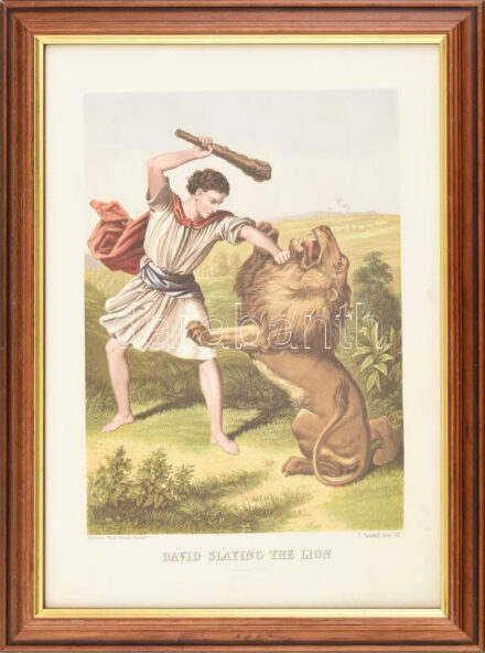 Dávid legyőzi az oroszlánt. Kromolitográfia, papír. J.M. Kronheim & Co., London kiadása. XIX. sz. közepe-második fele. Dekoratív, üvegezett fa képkeretben. 23×33 cm