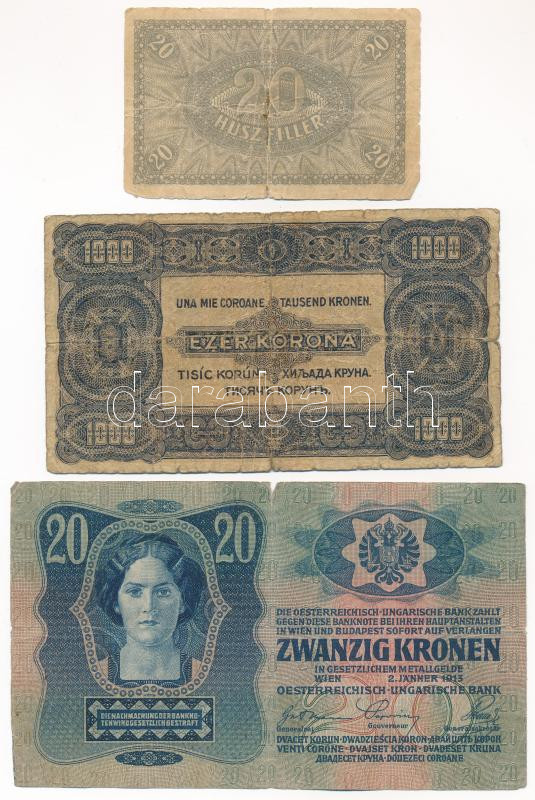 1913. 20K felülbélyegzés nélkül + 1920. 20f + 1923. 1000K T:III- - Image 2