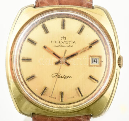 Helvetia 25 köves mechanikus férfi karóra, dátumkijelzős, kis kopásokkal, Seiko bőrszíjjal, működik, d: 34 mm