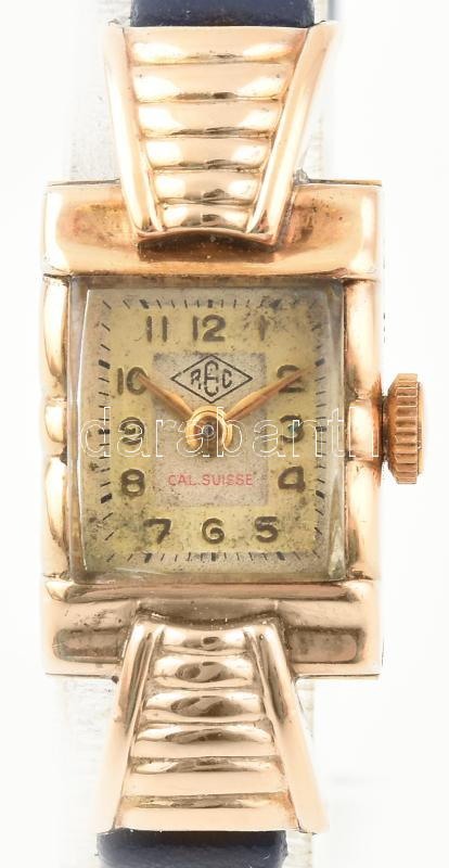 Arany Ezüst (Auk/18k/Ag) tokos Rec mechanikus, női, Art Deco karóra, szép bőr szíjjal, működik, jelzett, d: 35 mm