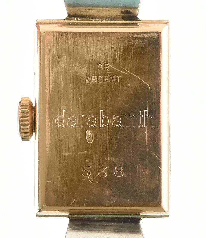 Arany Ezüst (Auk/18k/Ag) tokos Rec mechanikus, női, Art Deco karóra, szép bőr szíjjal, működik, jelzett, d: 35 mm - Image 3