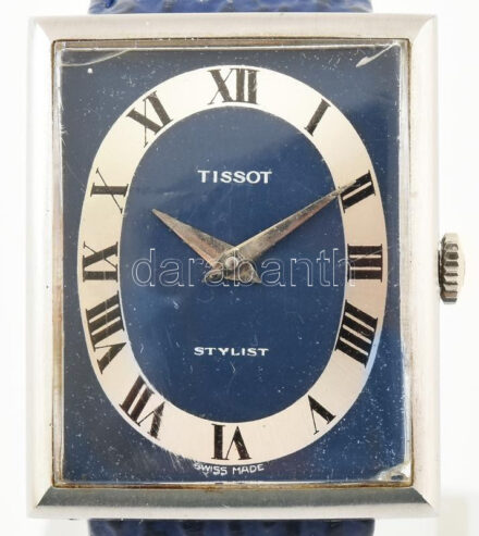 Tissot Stylist szögletes férfi karóra, kék számlappal, működik, kék cápabőr szíjjal, mechanikus szerkezettel, működik, plexin kis sérülés, hiba, d: 27 cm