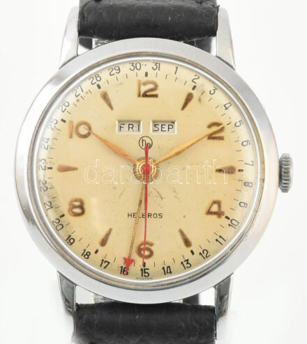 Helbros mechanikus, tripla dátumos, férfi karóra, működik, szép állapotban, d: 34 mm