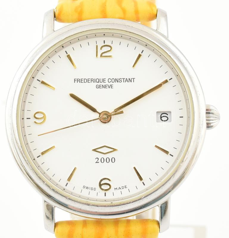 Federique Constant quartz, férfi karóra, működik, szép állapotban, sárga bőr szíjjal d: 35 mm