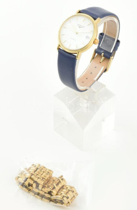 Longines automata, férfi karóra, kék bőr szíjjal, hozzávaló, aranyozott fémszíj is, működik, szép állapot, d: 32 mm