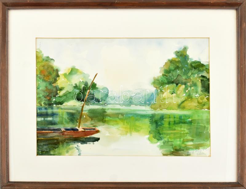 Abonyi Magyar Imre (1939-2010): Tisza ladikkal. Akvarell, papír, jelzett. Hátoldalán a művész bélyegzőjével és kiállítási meghívóval. Üvegezett fakeretben, 26,5x38,5 cm