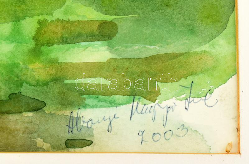 Abonyi Magyar Imre (1939-2010): Tisza ladikkal. Akvarell, papír, jelzett. Hátoldalán a művész bélyegzőjével és kiállítási meghívóval. Üvegezett fakeretben, 26,5x38,5 cm - Image 2