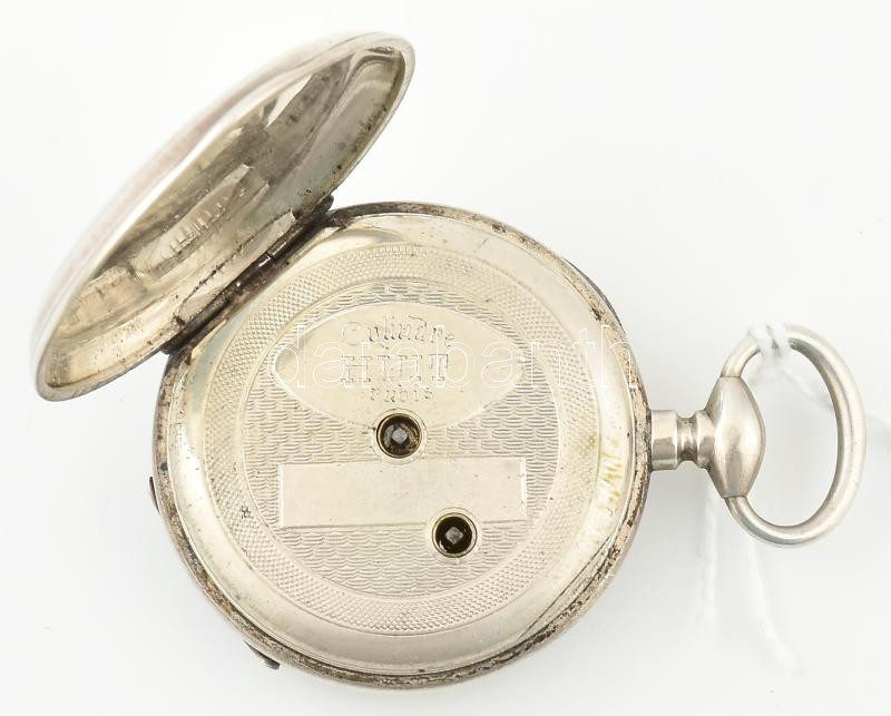 Ezüst (Ag) tokos zsebóra, mechanikus szerkezettel, kulccsal, kissé kopott számlap, működik, jelzett, d: 37 mm - Image 3