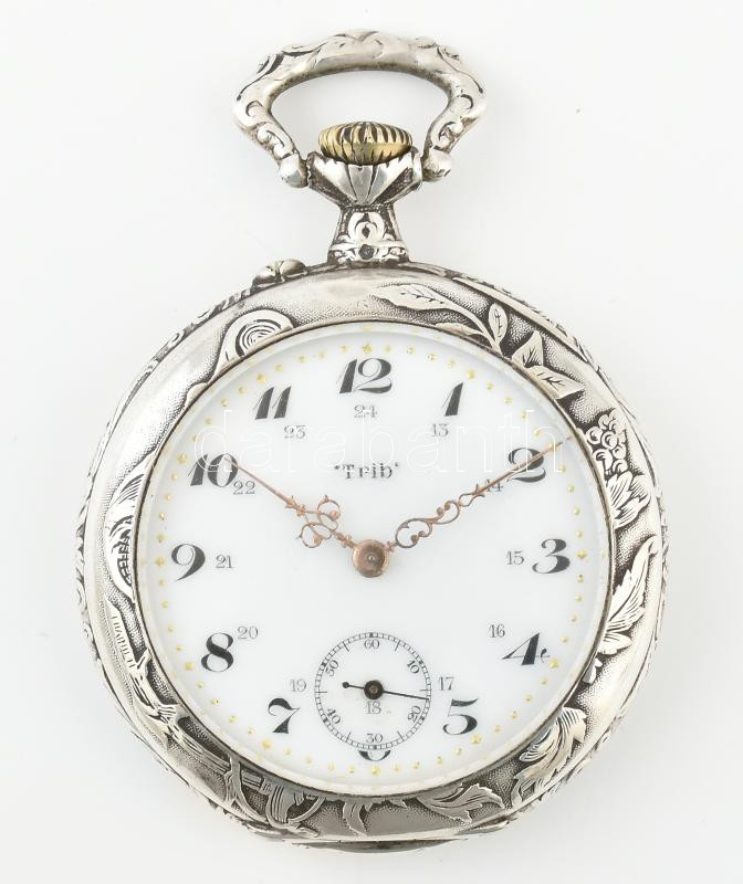 Ezüst (Ag) tokos, Trib szecessziós zsebóra, mechanikus szerkezettel, szép állapot, működik, jelzett, d: 47 mm