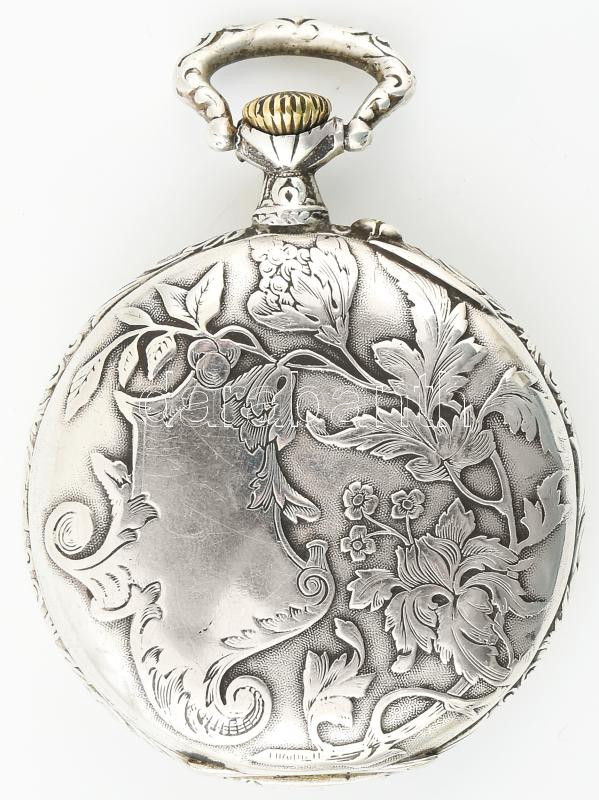Ezüst (Ag) tokos, Trib szecessziós zsebóra, mechanikus szerkezettel, szép állapot, működik, jelzett, d: 47 mm - Image 2