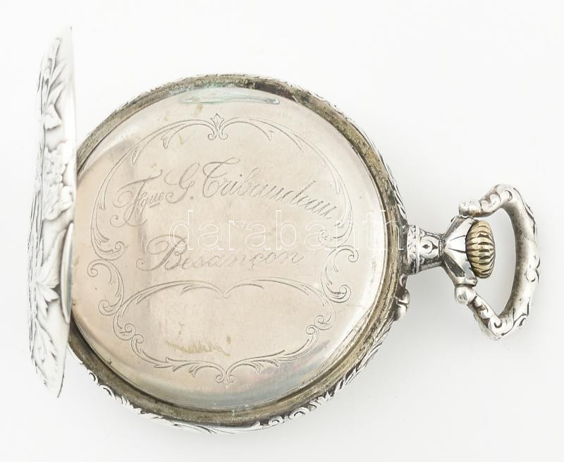 Ezüst (Ag) tokos, Trib szecessziós zsebóra, mechanikus szerkezettel, szép állapot, működik, jelzett, d: 47 mm - Image 3