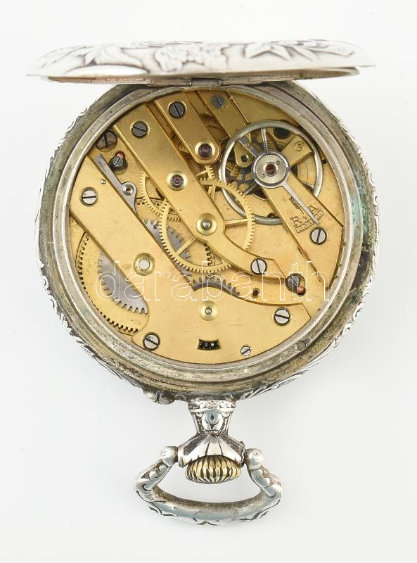 Ezüst (Ag) tokos, Trib szecessziós zsebóra, mechanikus szerkezettel, szép állapot, működik, jelzett, d: 47 mm - Image 4