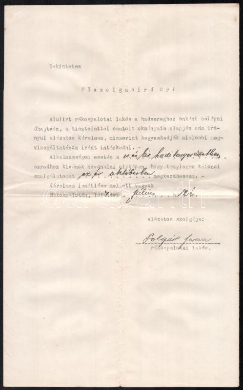 1914 Rákospalota, a cs. és kir. haditengerészethez való felvételi kérelem