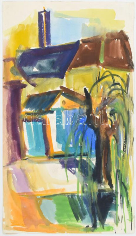 Jelzés nélkül: Színes utca. Akvarell, papír. 30,5x53 cm