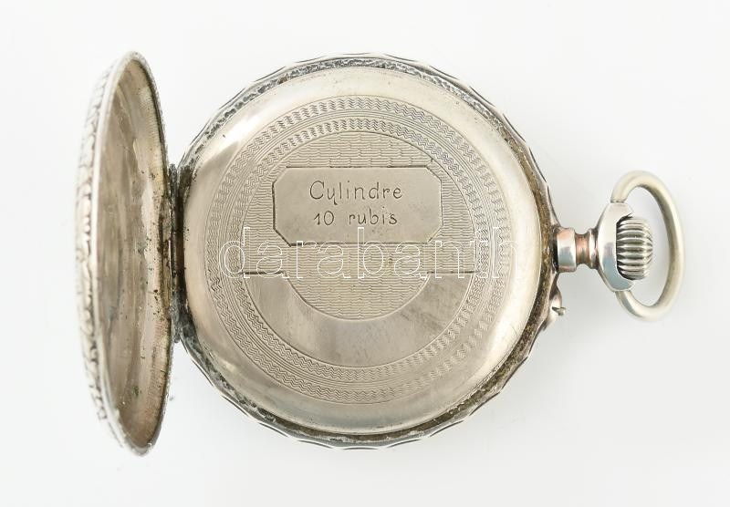 Ezüst (Ag) tokos, zsebóra, mechanikus szerkezettel, számlapon sérülés, működik, jelzett, d: 45 mm - Image 3