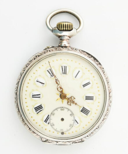 Ezüst (Ag) tokos, zsebóra, mechanikus szerkezettel, másodperc mutató nélkül, működik, jelzett, d: 47 mm