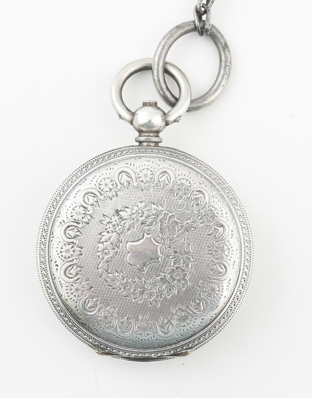 Ezüst (Ag) tokos, fém lánc, kulcsos zsebóra, mechanikus szerkezettel, szép állapot, működik, jelzett, d: 42 mm - Image 2