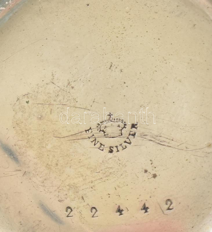 Ezüst (Ag) tokos, fém lánc, kulcsos zsebóra, mechanikus szerkezettel, szép állapot, működik, jelzett, d: 42 mm - Image 3