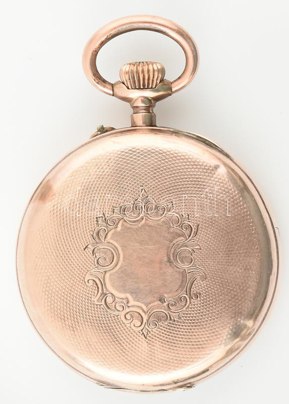 Arany (Au/9k) tokos zsebóra, jelzés nélkül, működik, mechanikus, szép állapot, régi fém óravédő tokban d: 42 mm - Image 2