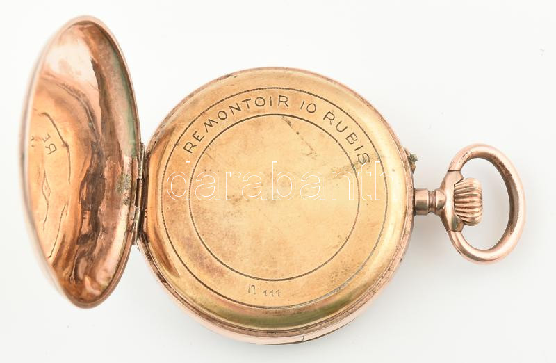 Arany (Au/9k) tokos zsebóra, jelzés nélkül, működik, mechanikus, szép állapot, régi fém óravédő tokban d: 42 mm - Image 3