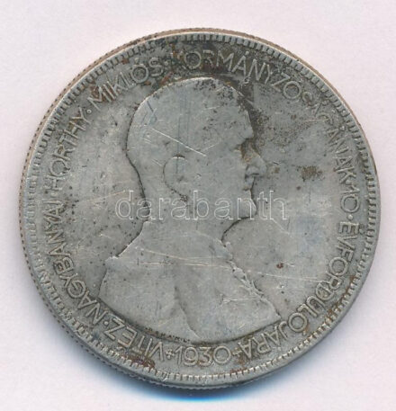 1930. 5p Ag 'Horthy jobbra' T:2-3 patina Adamo P8
