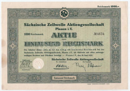 Német Harmadik Birodalom / Plauen i.V. 1937. 'Plauen i. V.-i Szász Műselyem Részvénytársaság' részvénye 1000M-ról, szárazpecséttel, lyukasztással érvénytelenítve T:I- German Third Reich / Plauen i.V. 1937. 'Sächsische Zellwolle