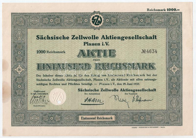 Német Harmadik Birodalom / Plauen i.V. 1937. 'Plauen i. V.-i Szász Műselyem Részvénytársaság' részvénye 1000M-ról, szárazpecséttel, lyukasztással érvénytelenítve T:I- German Third Reich / Plauen i.V. 1937. 'Sächsische Zellwolle