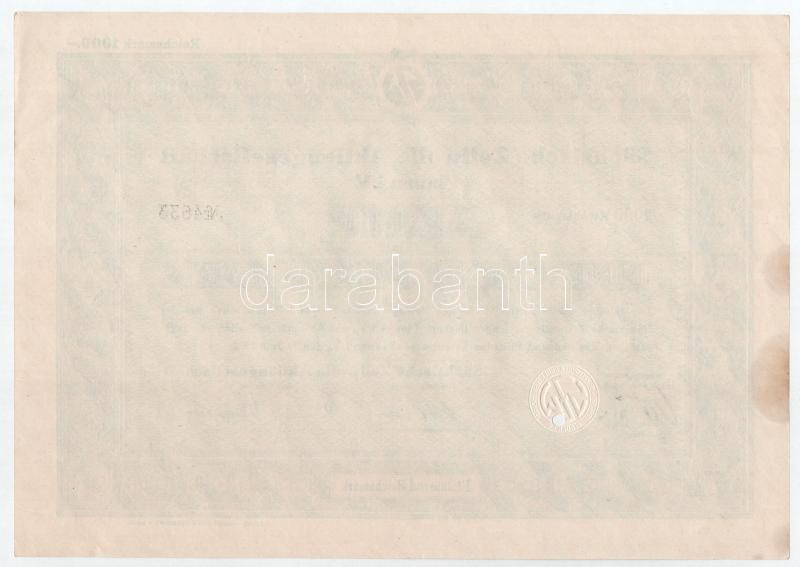 Német Harmadik Birodalom / Plauen i.V. 1937. 'Plauen i. V.-i Szász Műselyem Részvénytársaság' részvénye 1000M-ról, szárazpecséttel, lyukasztással érvénytelenítve T:I- German Third Reich / Plauen i.V. 1937. 'Sächsische Zellwolle - Image 2