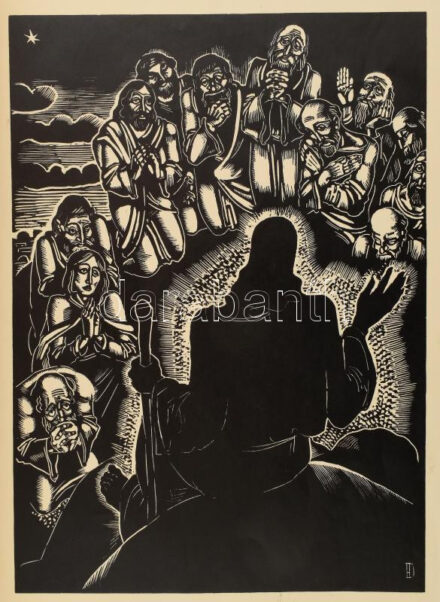 Dallos Hanna (1907-1945): Mi atyánk. 10 db fametszet. Bp., é.n., Kir. Magyar Egyetemi Nyomda. Jelezve a dúcon. Eredeti, sérült és hiányos kiadó borítékban. Gerince sérült, borítója foltos. Egyes lapok részben kissé foltosak. 28x20