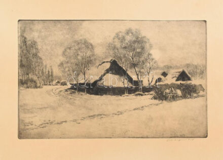 Csergezán Pál (1924-1996): Szekér a tanya előtt. Rézkarc, papír, jelzett, lap széle kissé foltos, 24,5×38 cm