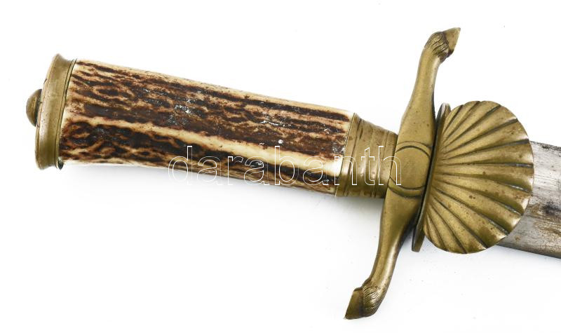 Német vadásztőr, bronz, cápabőr, agancs nyél, szép állapotban, 1880-90 körül. h: 38 cm - Image 3