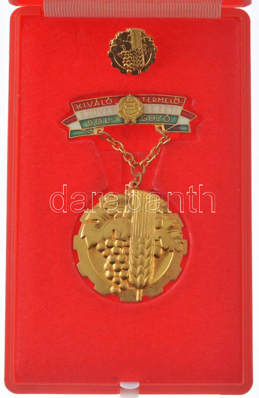 ~1970. 'Kiváló Termelőszövetkezeti Dolgozó' aranyozott, műgyantás kitüntető jelvény miniatűrrel, eredeti tokban T:1-