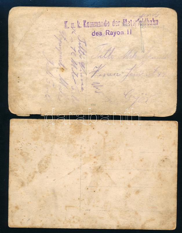 Katonák az I. világháborúban, 2 db fotólap, egyik hátoldalán K.u.k. Kommando der Motorfeldbahn des Rayon II pecséttel, törésnyomokkal, 9,5×14 cm - Image 2