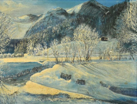 Orbán jelzéssel: Téli táj. Olaj, farost, kopott keretben. A kép jobb közepén kis sérülés. 45x60cm