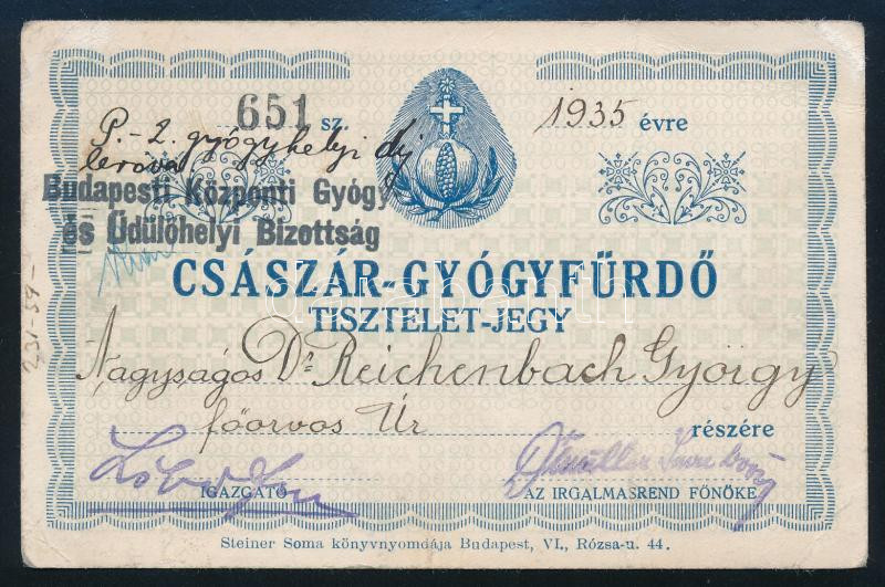 1933 Császár gyógyfürdő tiszteletjegy