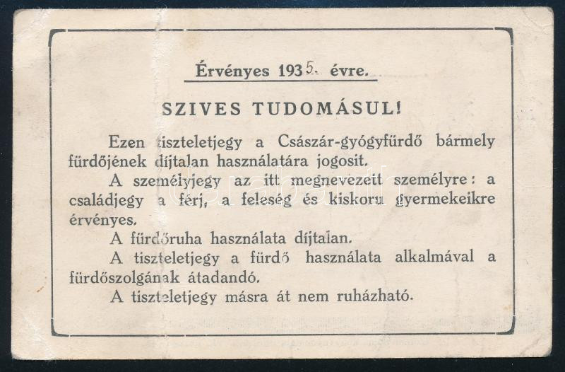 1933 Császár gyógyfürdő tiszteletjegy - Image 2