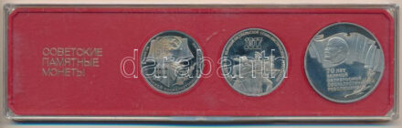 Szovjetunió 1987. 1R Cu-Ni + 3R Cu-Ni + 5R Cu-Ni 'Az Októberi Forradalom 70. évfordulója' műanyag dísztokban T:PP fo. Soviet Union 1987. 1 Ruble Cu-Ni + 3 Rubles Cu-Ni + 5 Rubles Cu-Ni '70th Anniversary of the October Revolution' in plastic