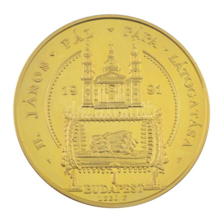 Bognár György (1944-) / Lebó Ferenc (1960-) 1991. 'II. János Pál pápa látogatása - Budapest' kétoldalas aranyozott fém emlékérem (42,5mm) T:PP fo.