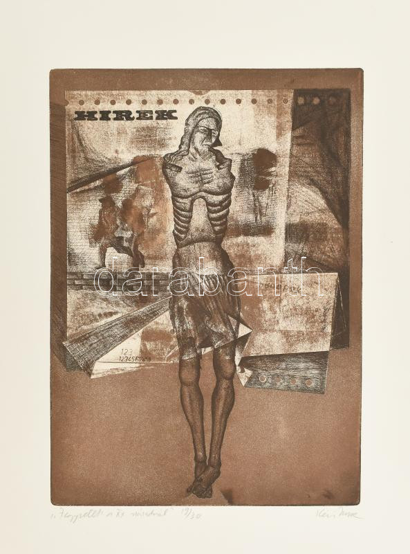 Kéri Imre (1945-): Jegyzetek a XX. századból. Akvatinta, papír, jelzett, számozott: 19/30, 35x25cm.