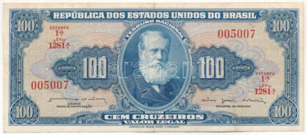 Brazília DN (1964) 100C '1281 005007' T:III szép papír Brazil ND (1964) 100 Cruzeiros '1281 005007' C:F fine paper Krause P#170b
