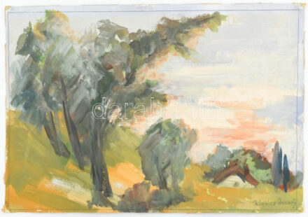 Kovács Dezső (1921-2004): Napfényes táj. Tempera, papír, jelzett, 33x48 cm